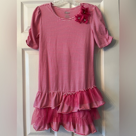 New Circo Girl’s XL Pink and White Striped Short Sleeve Tulle Dress - Picture 1 of 6